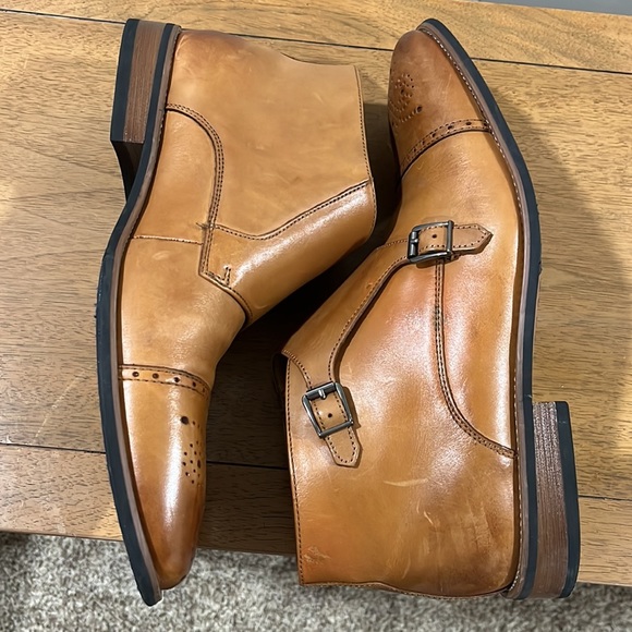 LaMilano Cognac Burnished Leather Double Monk Strap Cap Toe Boots - Picture 4 of 9